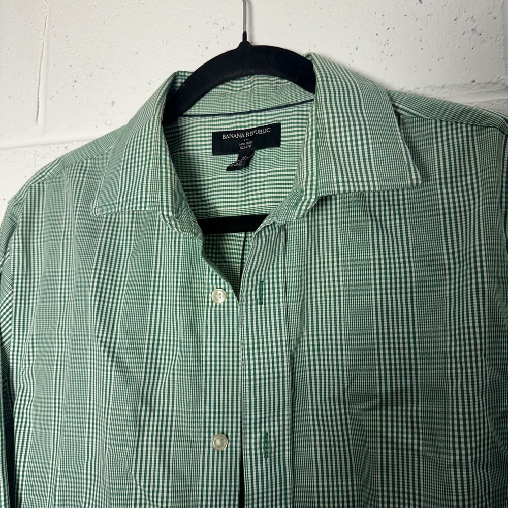 Banana Republic Mens Green White plaid Check Non Iron Slim Dress Shirt M 15.5 - Picture 1 of 4